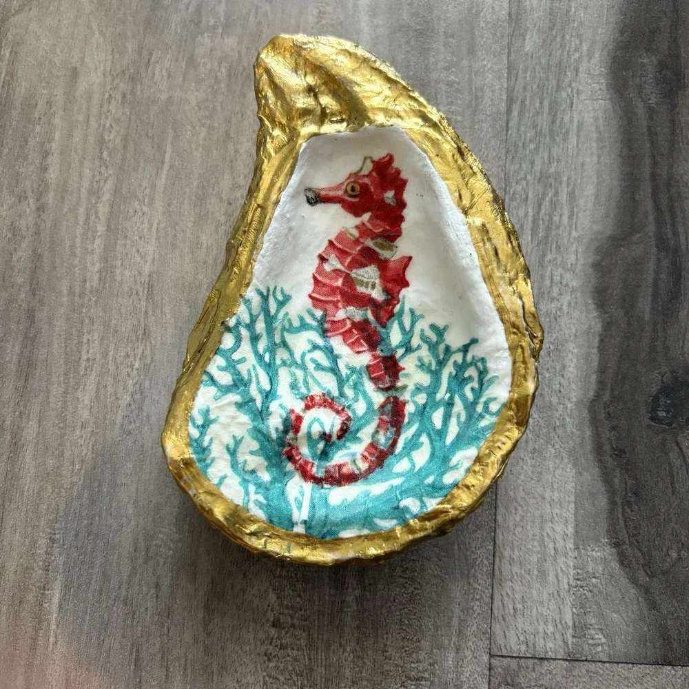 Oyster Shell RING DISH Hand‎ painted gold edges pink Coastal Print Seahorse